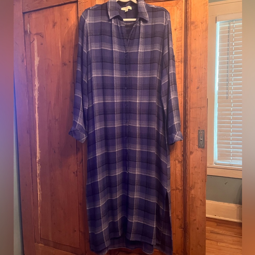 Cloth & Stone Blue Plaid / Gauze Linen Long Sleeve Dress